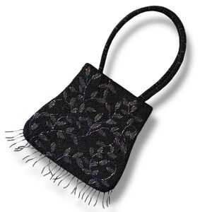 Vintage MCM Black & Purple Hand Beaded Luxury Evening Bag Fringe Snap Close Leaf